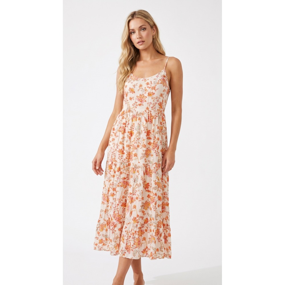 Floral Tiered Bohemian Midi Dress‎ Orange Pink Cream Sleeveless Sundress Medium